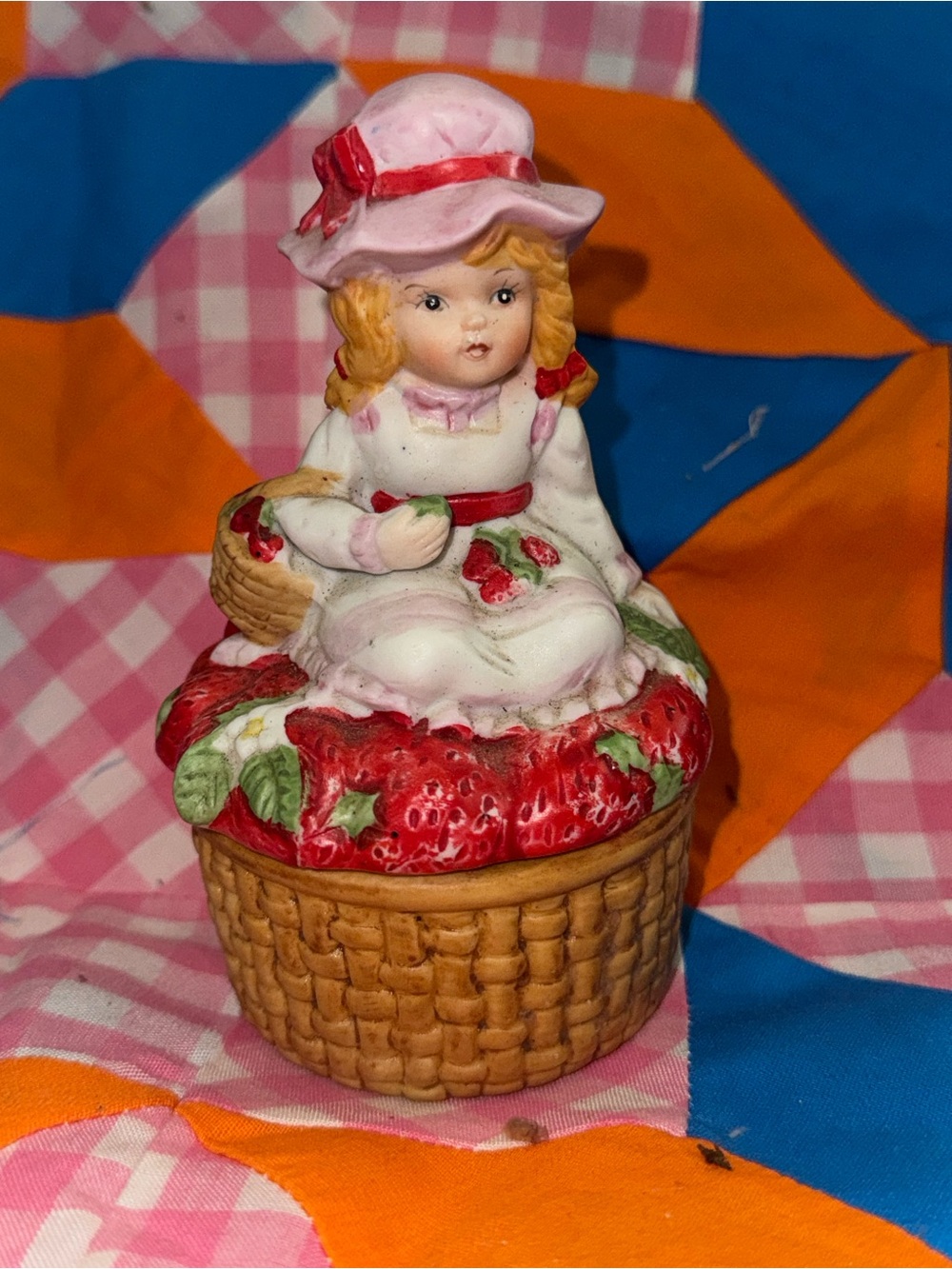 Vintage Girl on Strawberry Basket Trinket Box/candle - Pink & Red